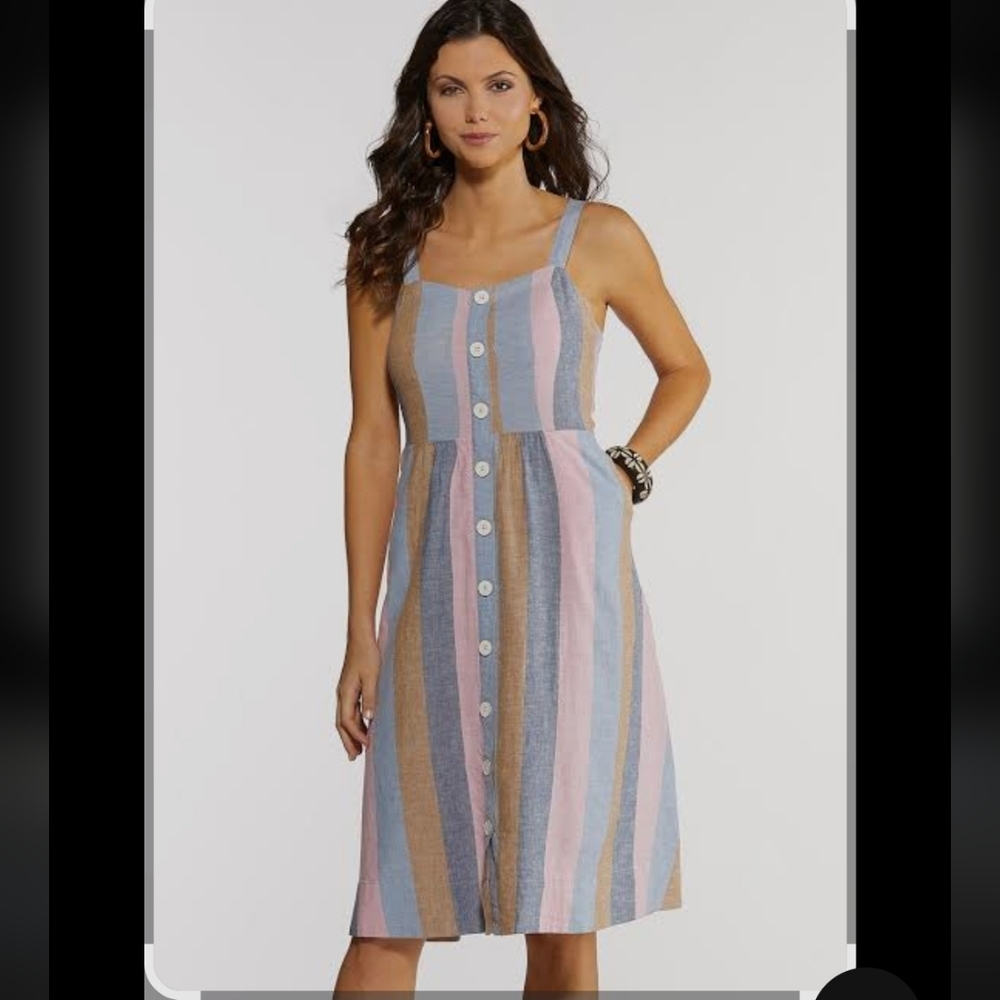 Cato Pastel Multicolor, Striped Midi Dress, Button Front Square Neck, Flowy